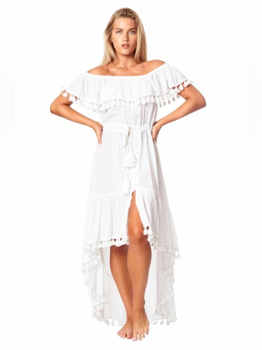 Off Shoulder Ruffled Tassel Pom Pom High Low Dress